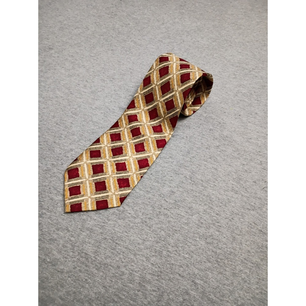 Michelsons of London Pure Silk Geometric Diamond Necktie Burgundy Gold Cream
